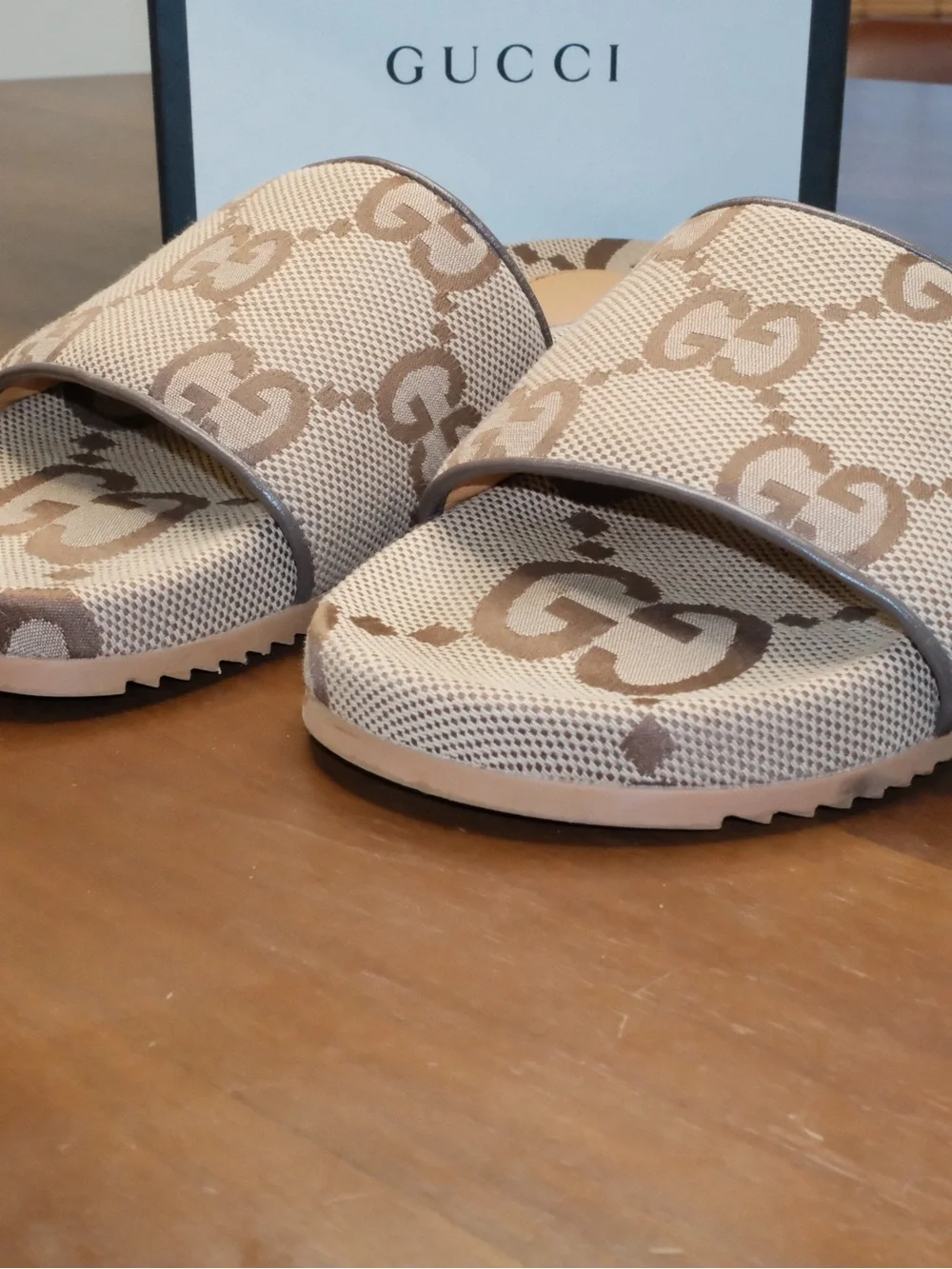 Gucci Beige Brown GG Canvas Slide Sandals
